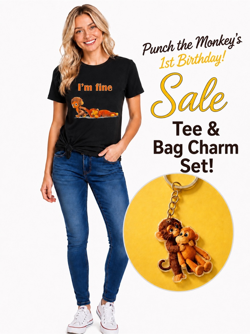 Punch the Monkey’s 1st B-day Set- Black Tee and Bag Charm